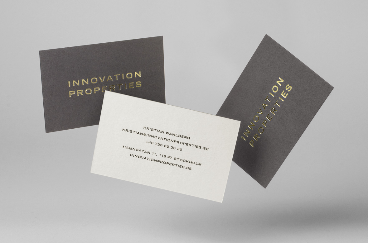 Branding and business cards with gold block foil print finish for Scandinavian developer Innovation Properties by 25AH