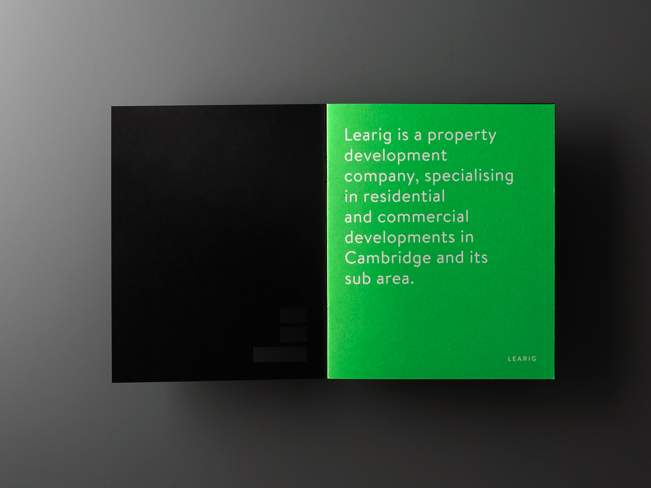 Brand identity and brochure for commercial and residential property developer Learig designed by The District, United Kingdom