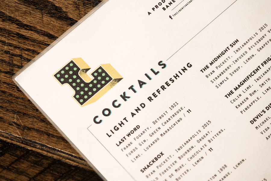 Visual identity and menu designed by CODO for Indianapolis liquor bar Libertine