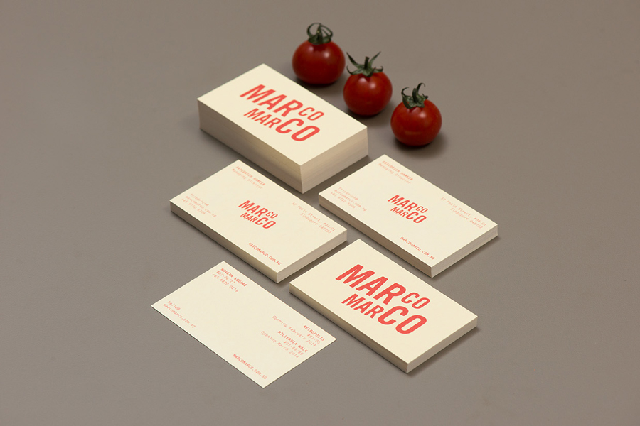 Sans-serif logotype and business card design by Acre for Singapore based Italian restaurant brand Marco Marco