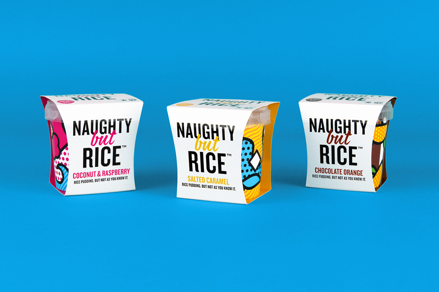 Branding and package design for Naughty But Rice by Leeds based graphic design studio Robot Food via BP&O A Packaging Design Blog.