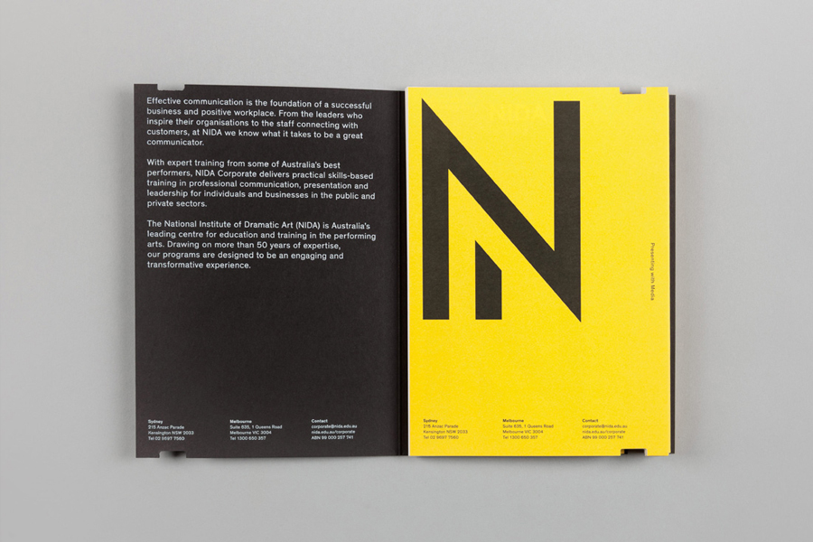 Corporate handbook designed by Maud for The National Insti­tute of Dra­matic Art