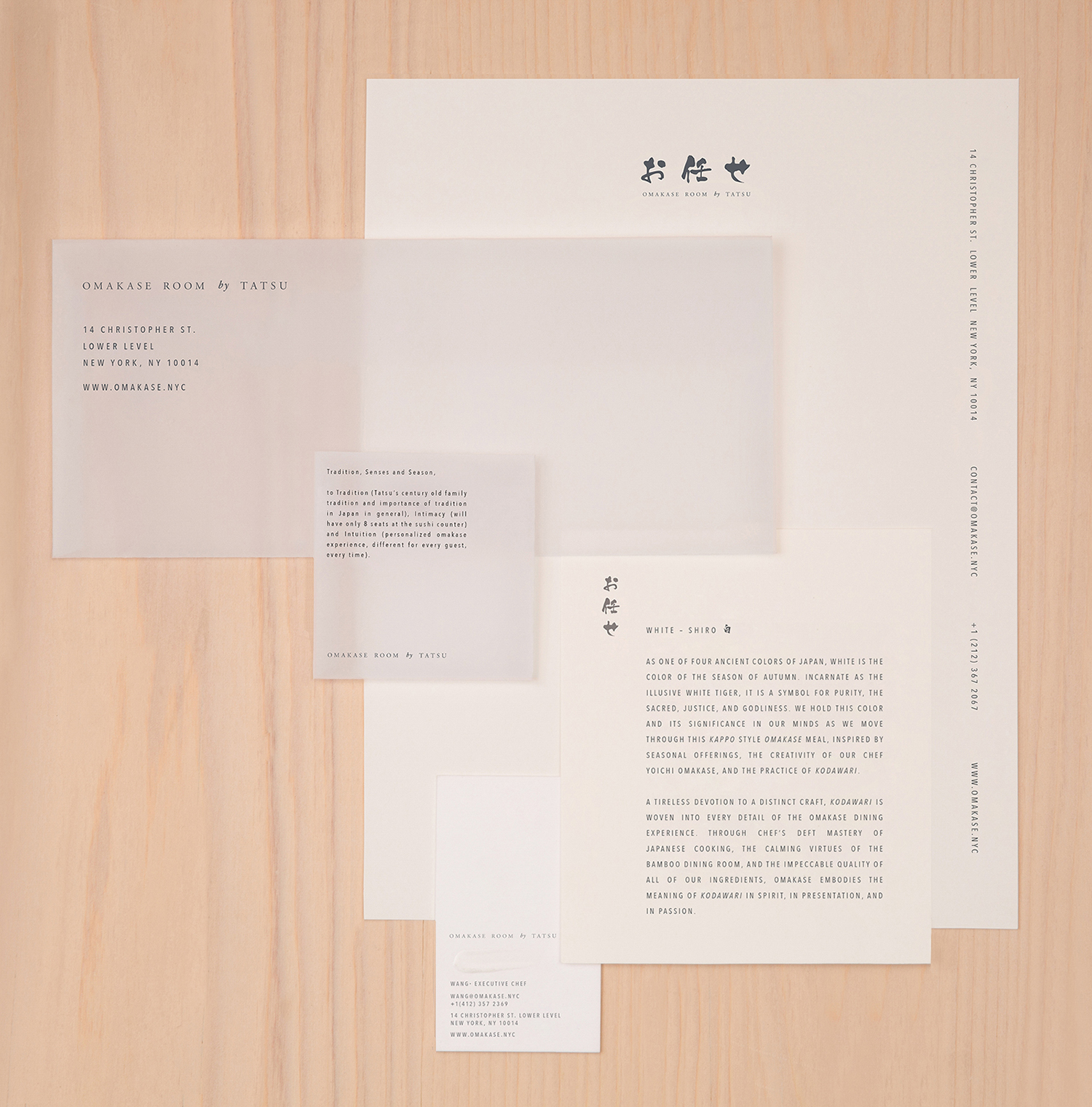 Visual identity and stationery design by Savvy for New York restaurant Omakase Room by Tatsu