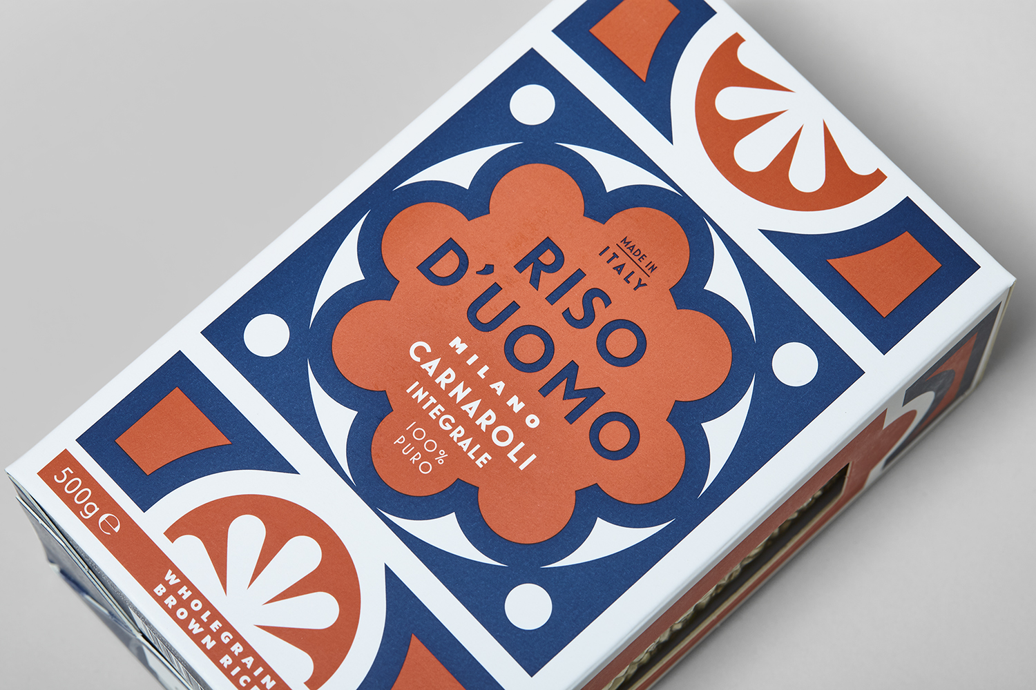 Branding and packaging by London-based Here Design for Milanese artisan rice brand Riso D'uomo