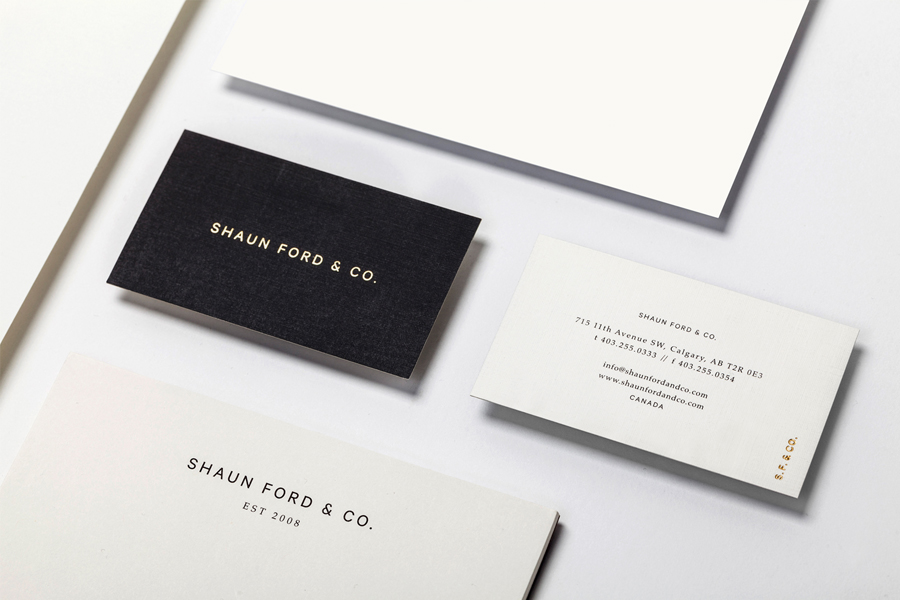 Logotype and business card with block foil detail designed by Savvy for bespoke furniture design firm Shaun Ford & Co. 