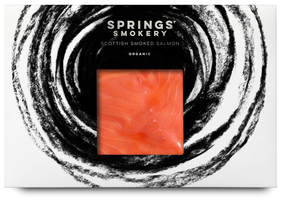 Package design for premium smoked salmon producer Springs' Smokery by graphic design studio Distil