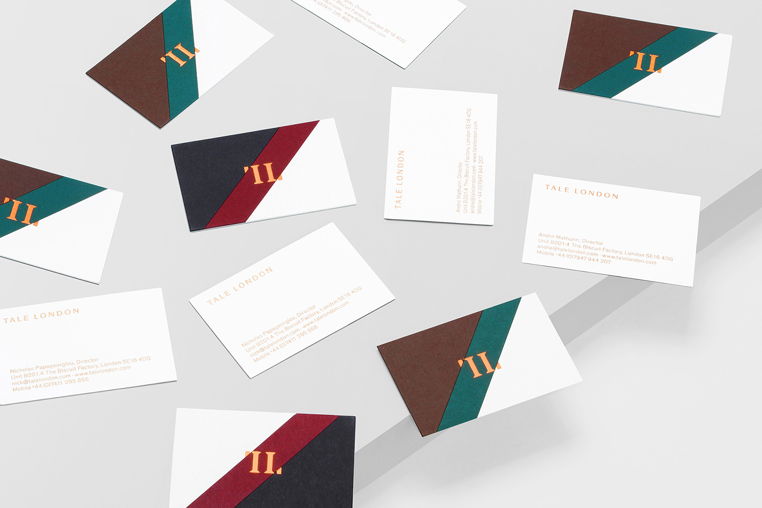 Copper foil embossed paper marquetry business cards by Two Times Elliott for architecture and interior design visualisation studio Tale London