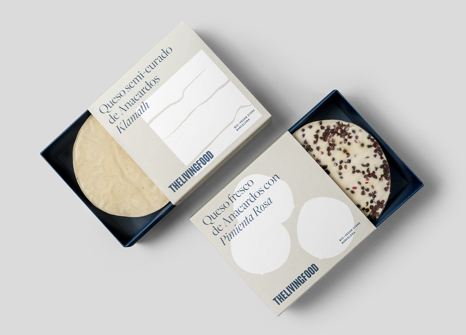 Packaging design by Barcelona-based Francesc Moret Studio for vegan cheese range from The Living Food