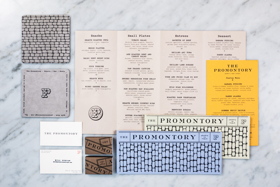 Logo, menus and coasters designed by Dan Blackman for Chicago restaurant, bar and entertainment venue The Promontory
