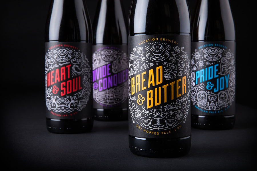 Illustrated package design by Robot Food for British craft beer microbrewery Vocation.