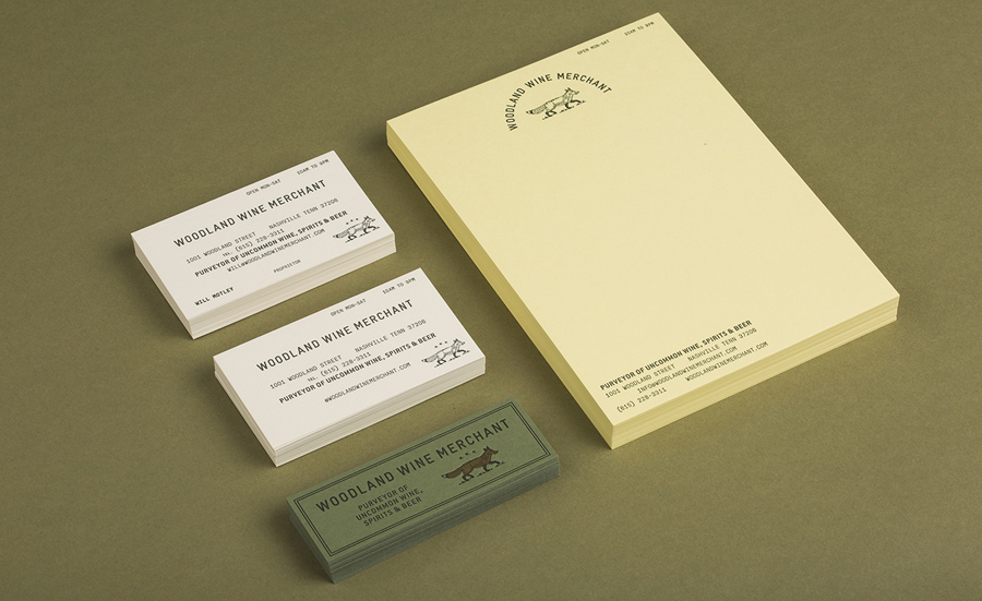 Business cards and stationery for Nashville based Woodland Wine Merchant by Perky Bros