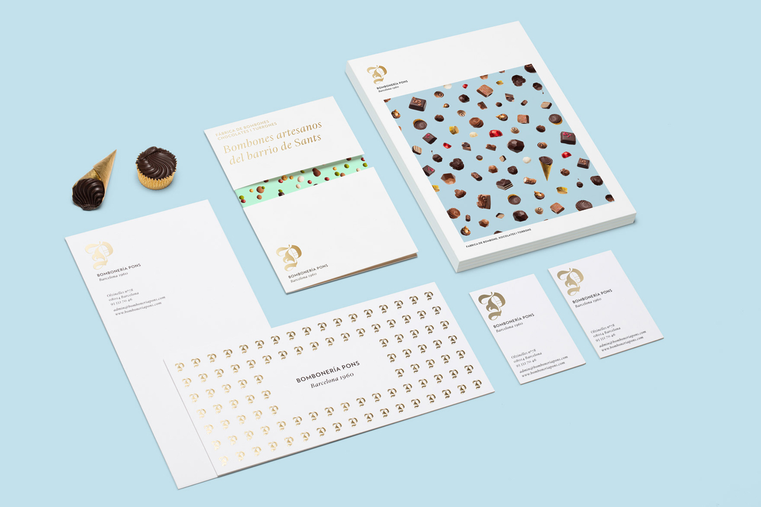 Brand identity and gold foiled print for chocolatier and confectioner Bombonería Pons designed by Mucho