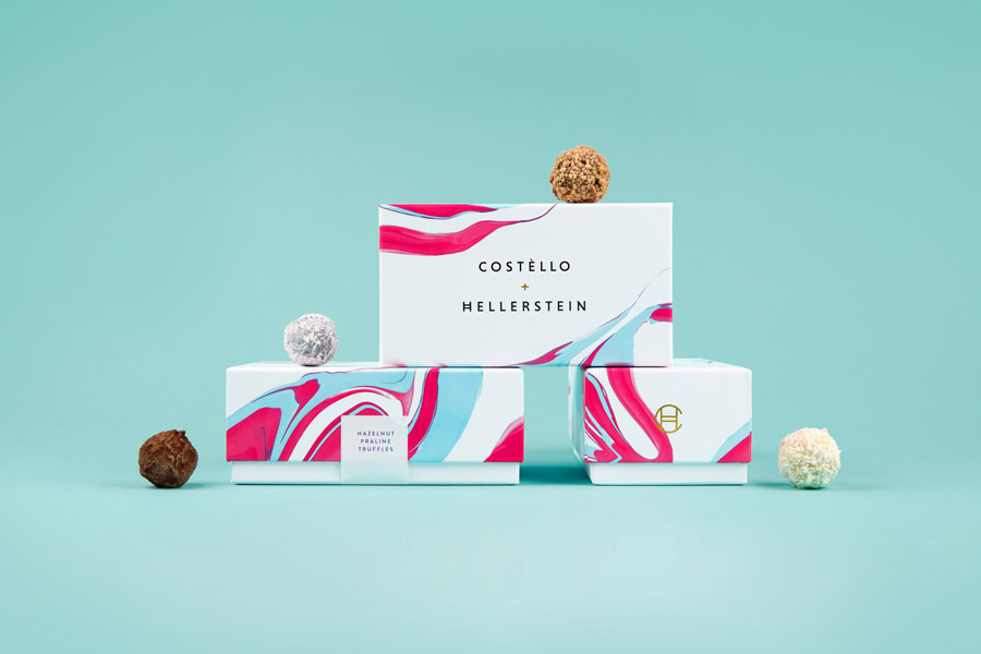 Logo and packaging for chocolate truffle maker Costèllo + Hellerstein designed by Robot Food