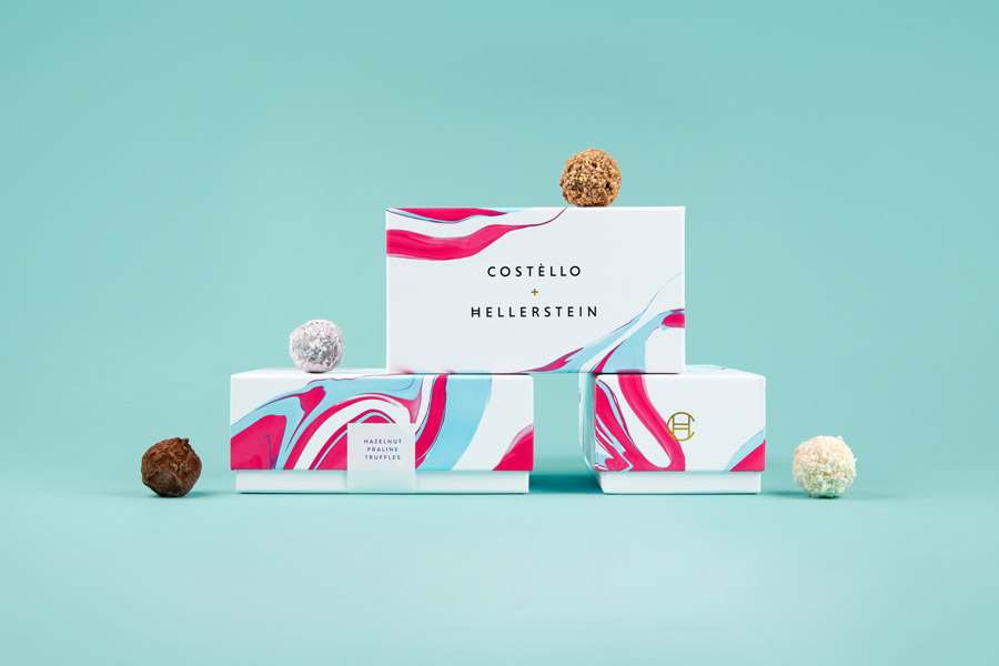 New logo and packaging design by Robot Food for artisanal chocolate truffle business Costello + Hellerstein