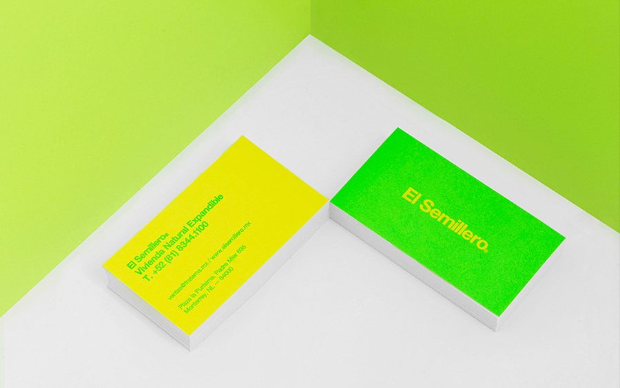 Business cards with fluorescent spot colour detail by Anagrama for Mexican residential property development El Semillero