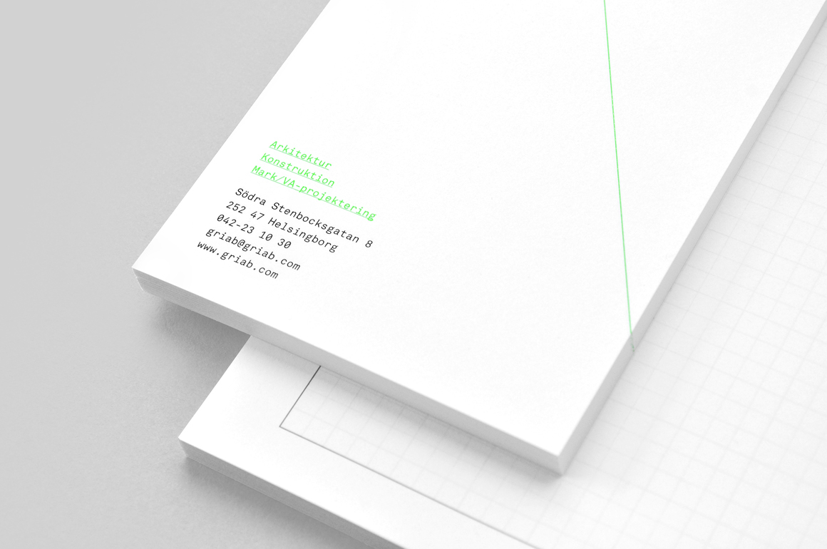 Compliment slip and headed paper with grid detail for architecture and engineering firm Griab designed by Kollor