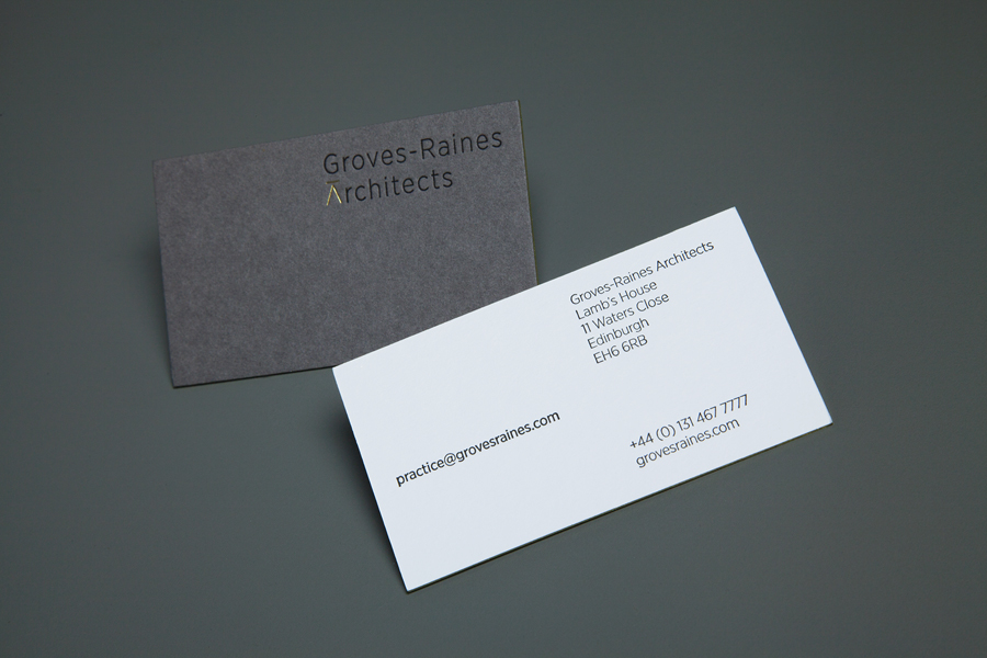 Business card design with gold detail by Graphical House for Edinburgh based Groves-Raines Architects