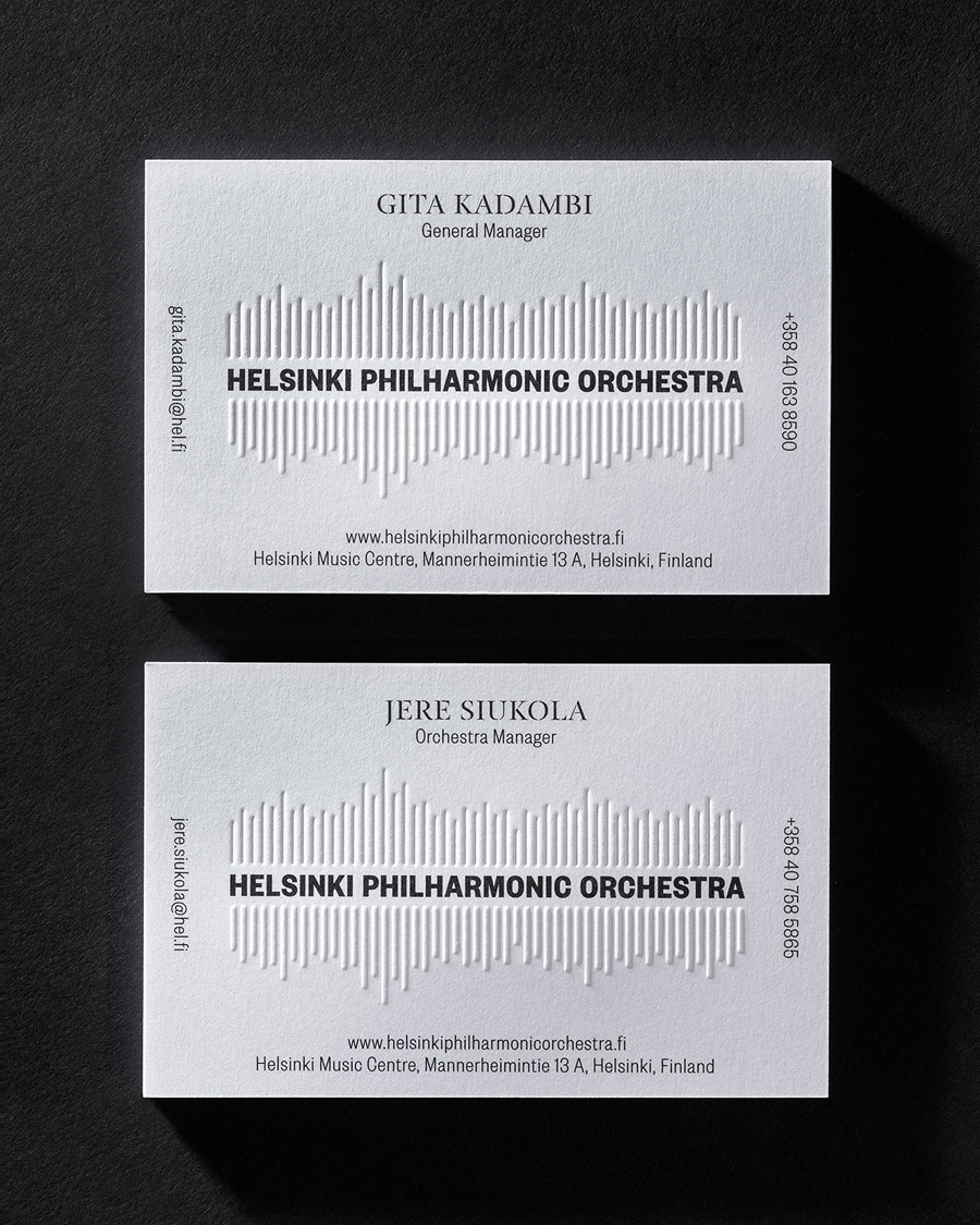 Branding and blind embossed business cards for Helsinki Philharmonic Orchestra by Bond, Finland