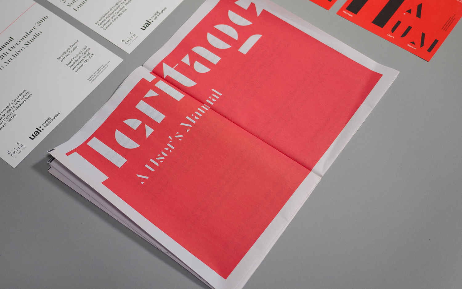 Brand identity and print communication by Bond for Heritage: A User's Manual, an exhibition in London's Southbank Centre