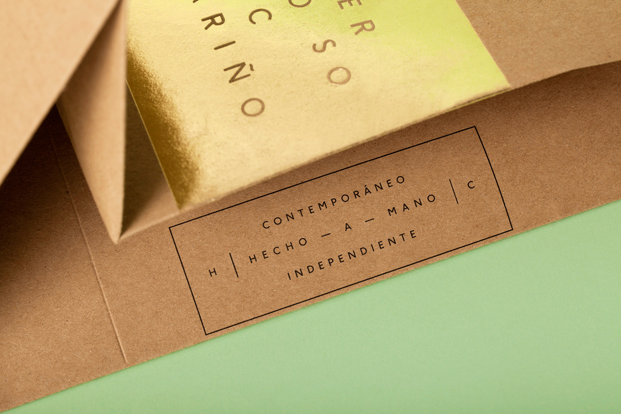 Brand identity and kraft paper bag with gold foil print finish for Mexican designer gift shop Hermoso Cariño by La Tortilleria, Mexico
