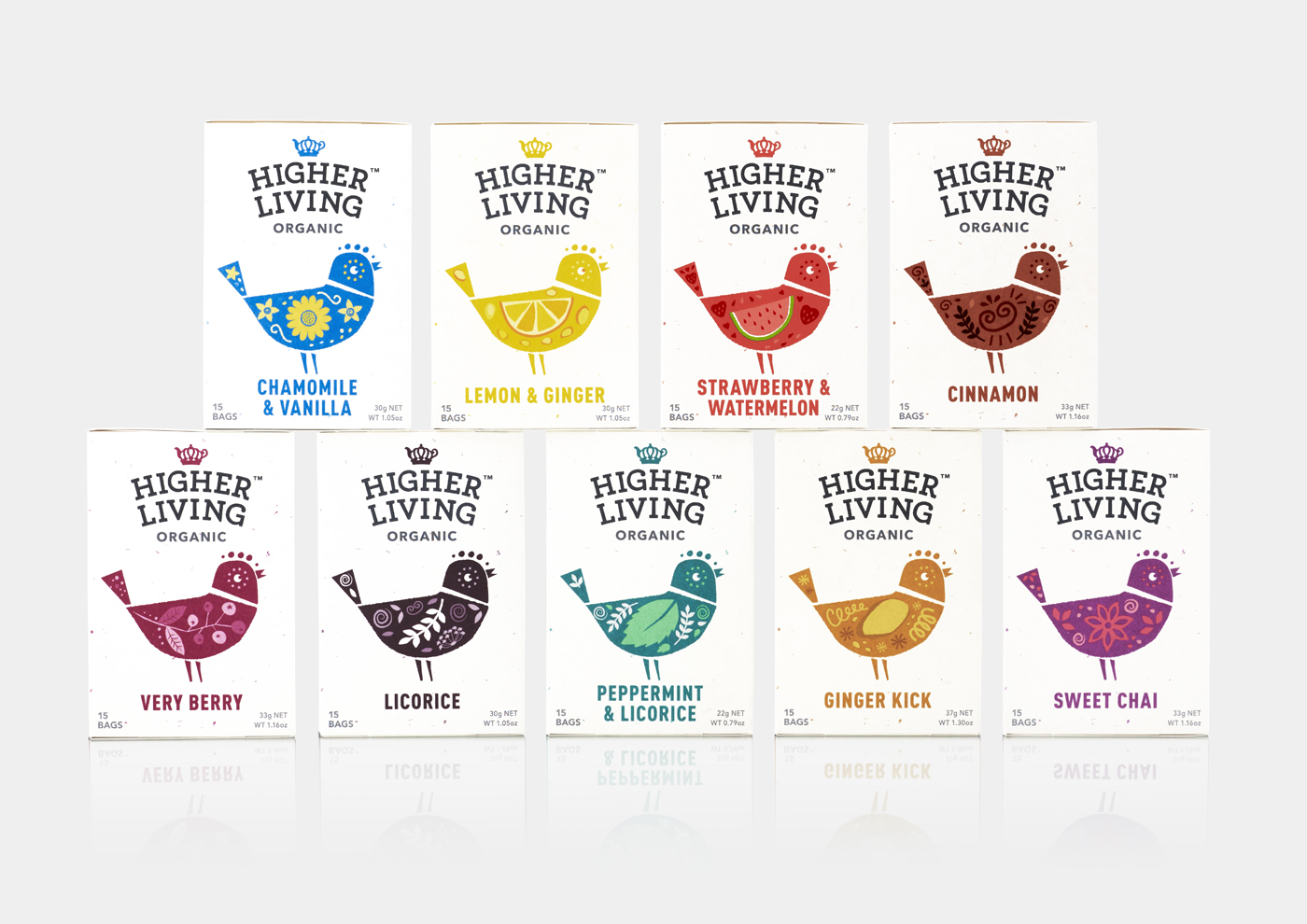 Branding and packaging for organic tea company Higher Living by B&B Studio, United Kingdom