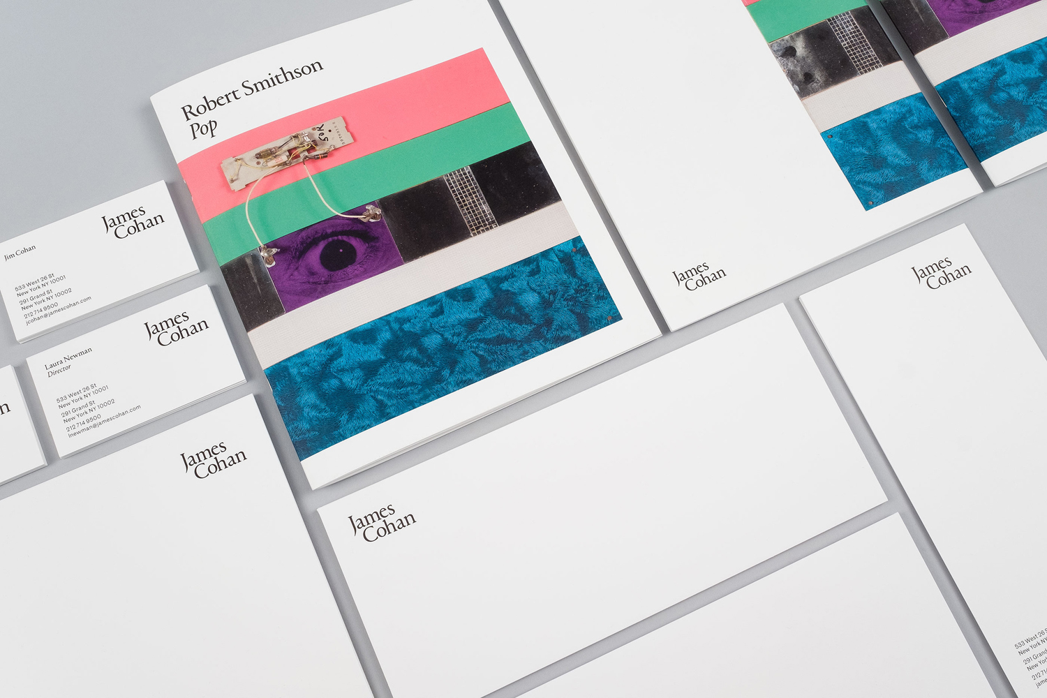 Brand identity, business cards, stationery and exhibition guide for New York contemporary art gallery James Cohan by graphic design studio Project Projects