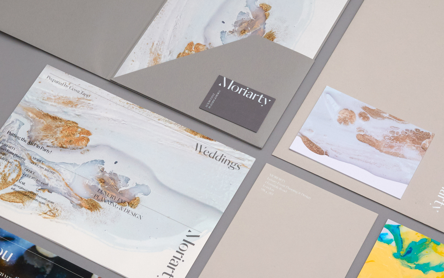 Visual identity, stationery and pitch documents designed by Bond for London-based event planning business Moriarty