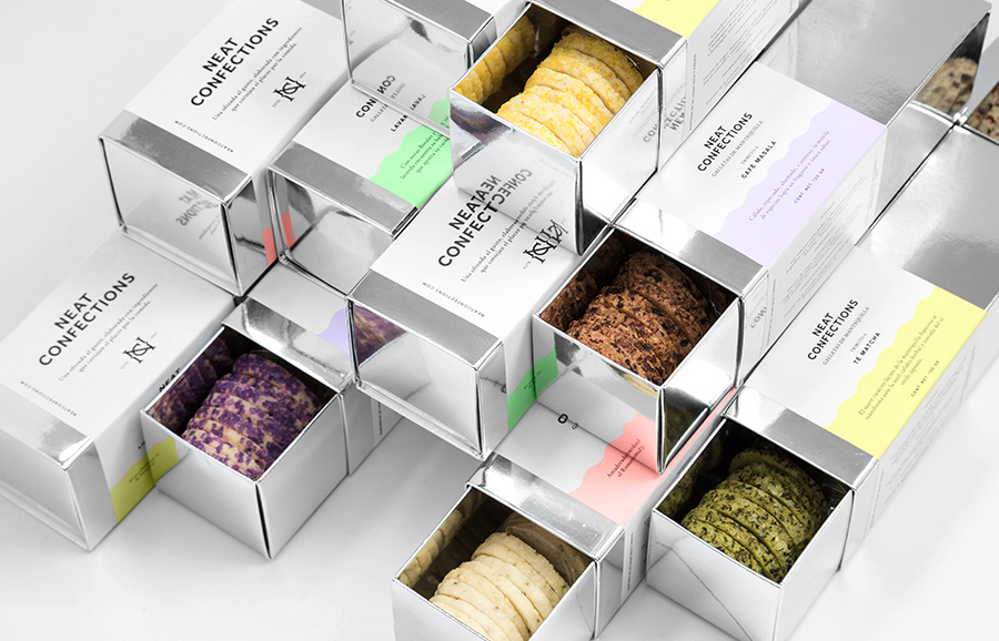 Mirrored card packaging designed by Anagrama for Mexican brand Neat Confections