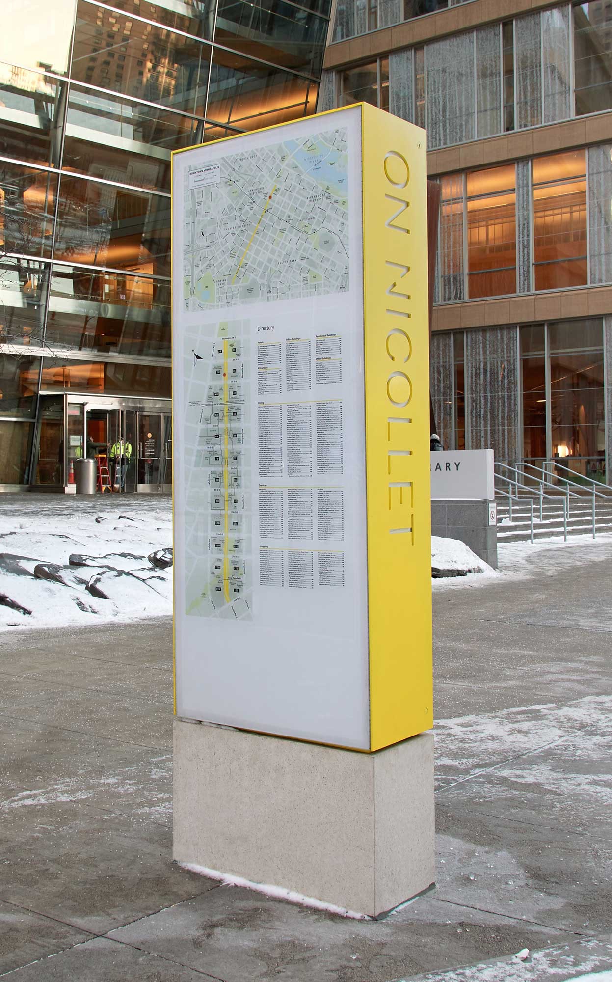 Graphic identity, signage and wayfinding by Pentagram's Paula Scher and team for Nicolett in Minneapolis