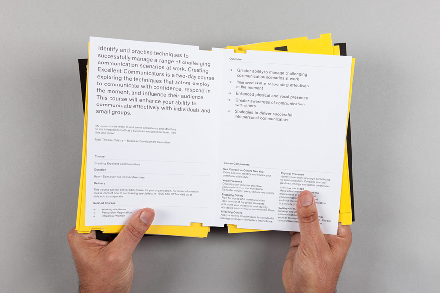 Corporate handbook designed by Maud for The National Insti­tute of Dra­matic Art