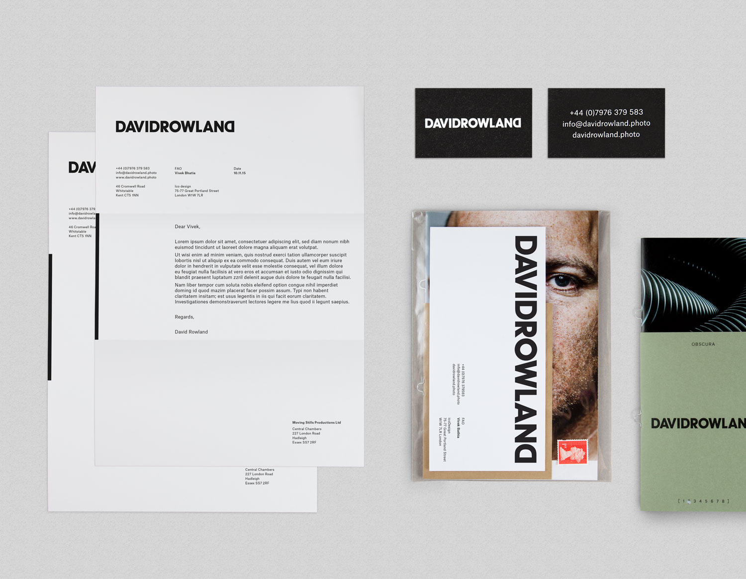 Brand identity, headed paper, business cards and lookbook by London-based graphic design studio ico Design for photographer David Rowland