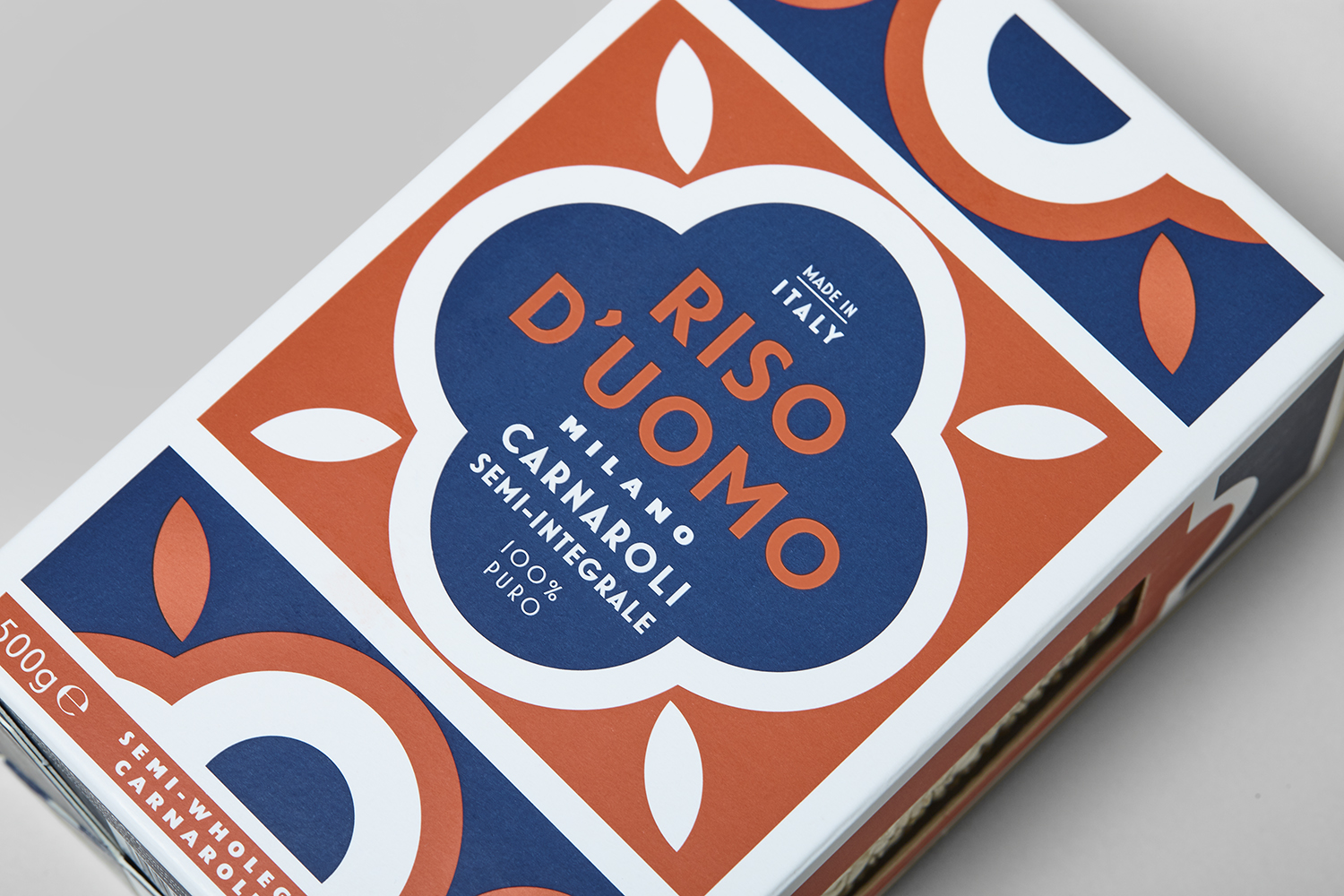 Branding and packaging by London-based Here Design for Milanese artisan rice brand Riso D'uomo