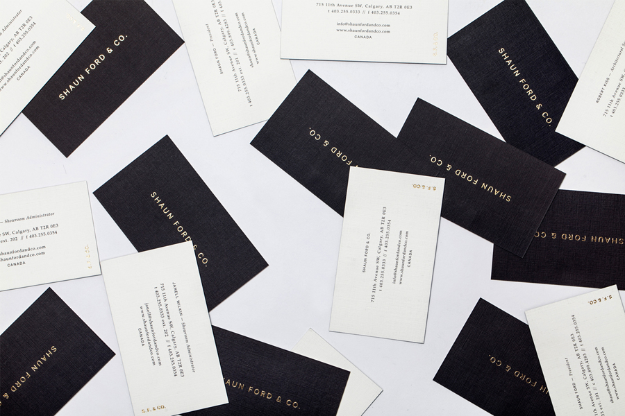 Logotype and business card with block foil detail designed by Savvy for bespoke furniture design firm Shaun Ford & Co. 