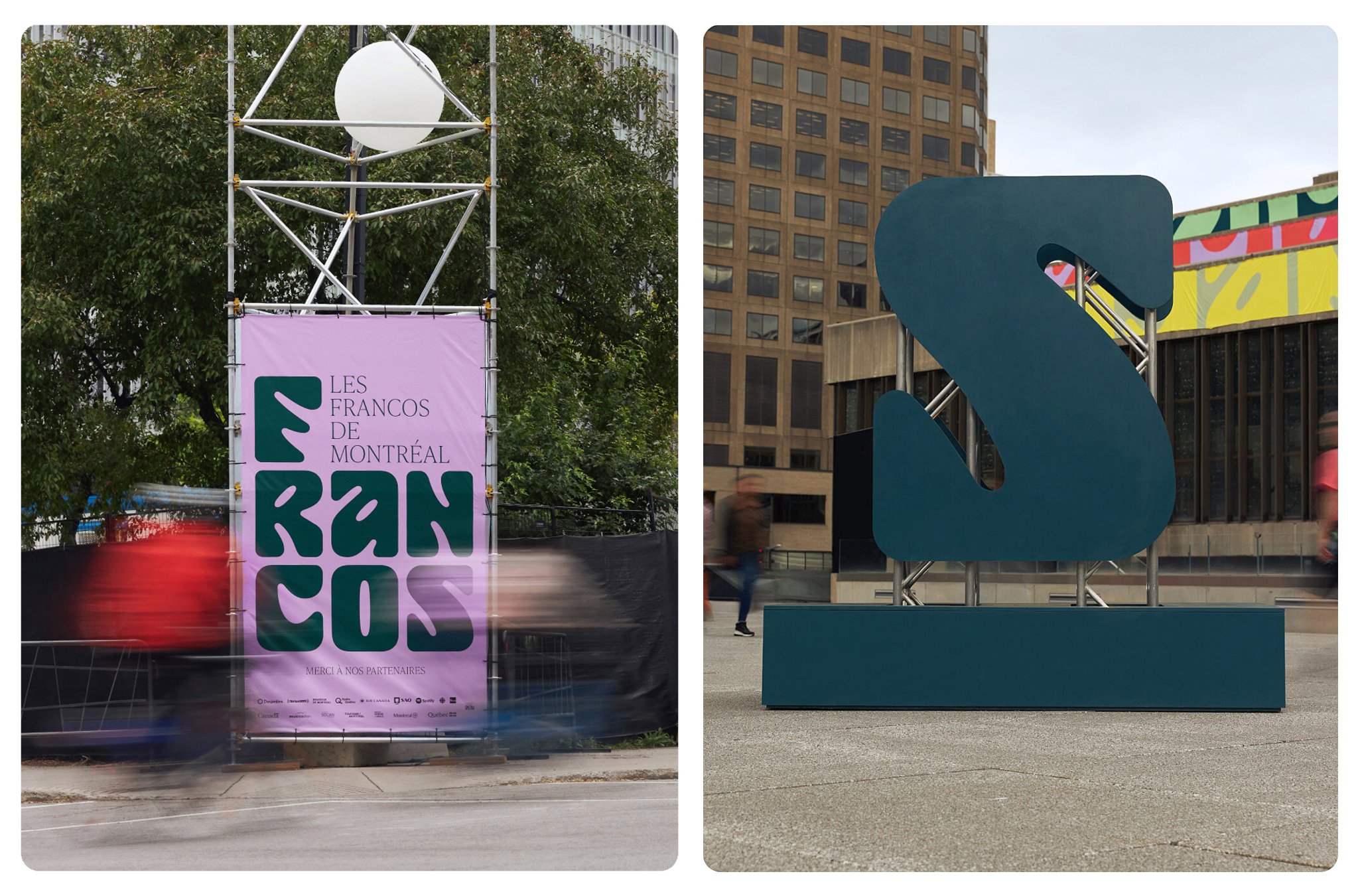 Logotype, motion graphics, social content, banners and signage for music festival Francos de Montréal designed by LG2