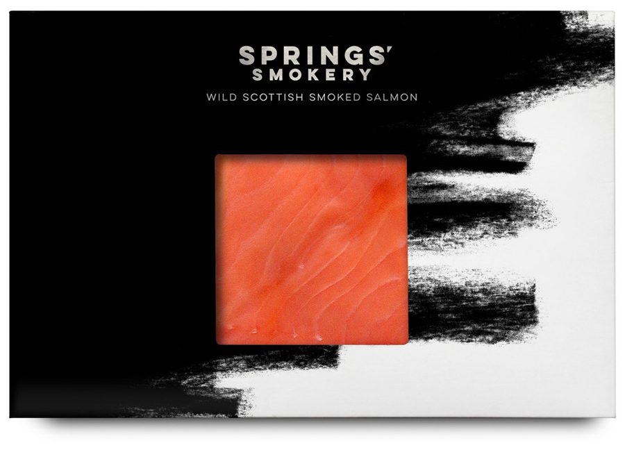 Package design for premium smoked salmon producer Springs' Smokery by graphic design studio Distil