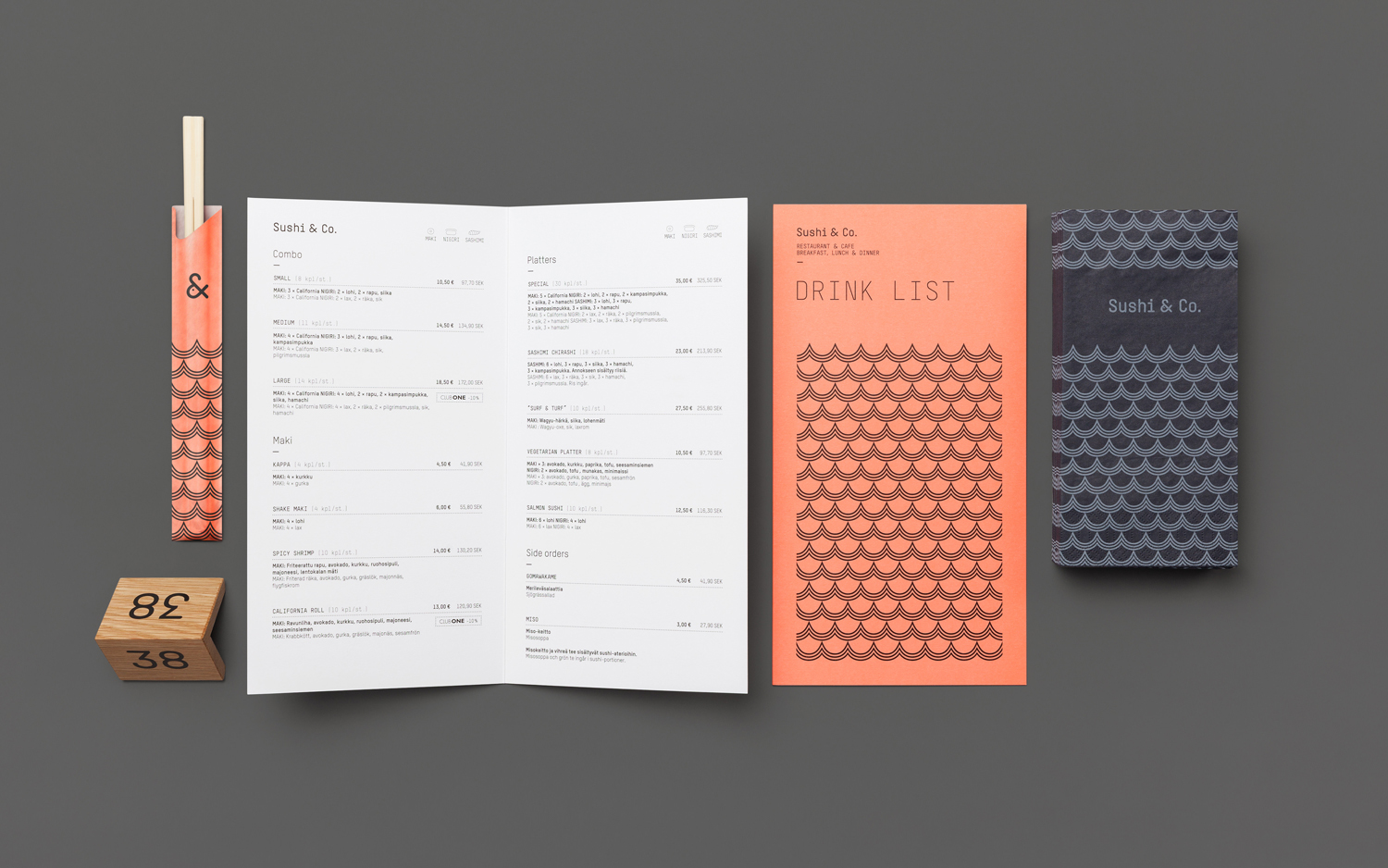 Visual identity and menus for Baltic Sea cruise ship restaurant Sushi & Co. designed by Bond
