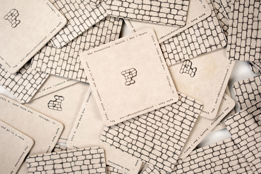Coasters designed by Dan Blackman for Chicago restaurant, bar and entertainment venue The Promontory