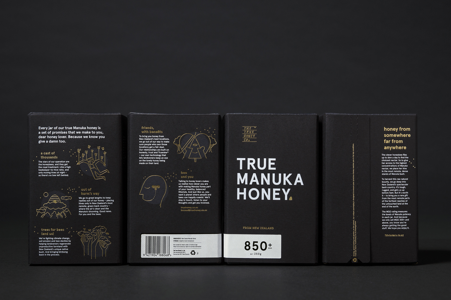 Brand identity and packaging with white ink and gold foil detail by Marx Design for The True Honey Company, a New Zealand-based business specialising in mānuka honey