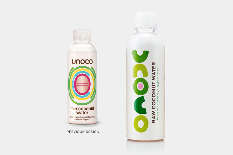 New packaging for raw coconut water brand Unoco by London based graphic design agency B&B Studio