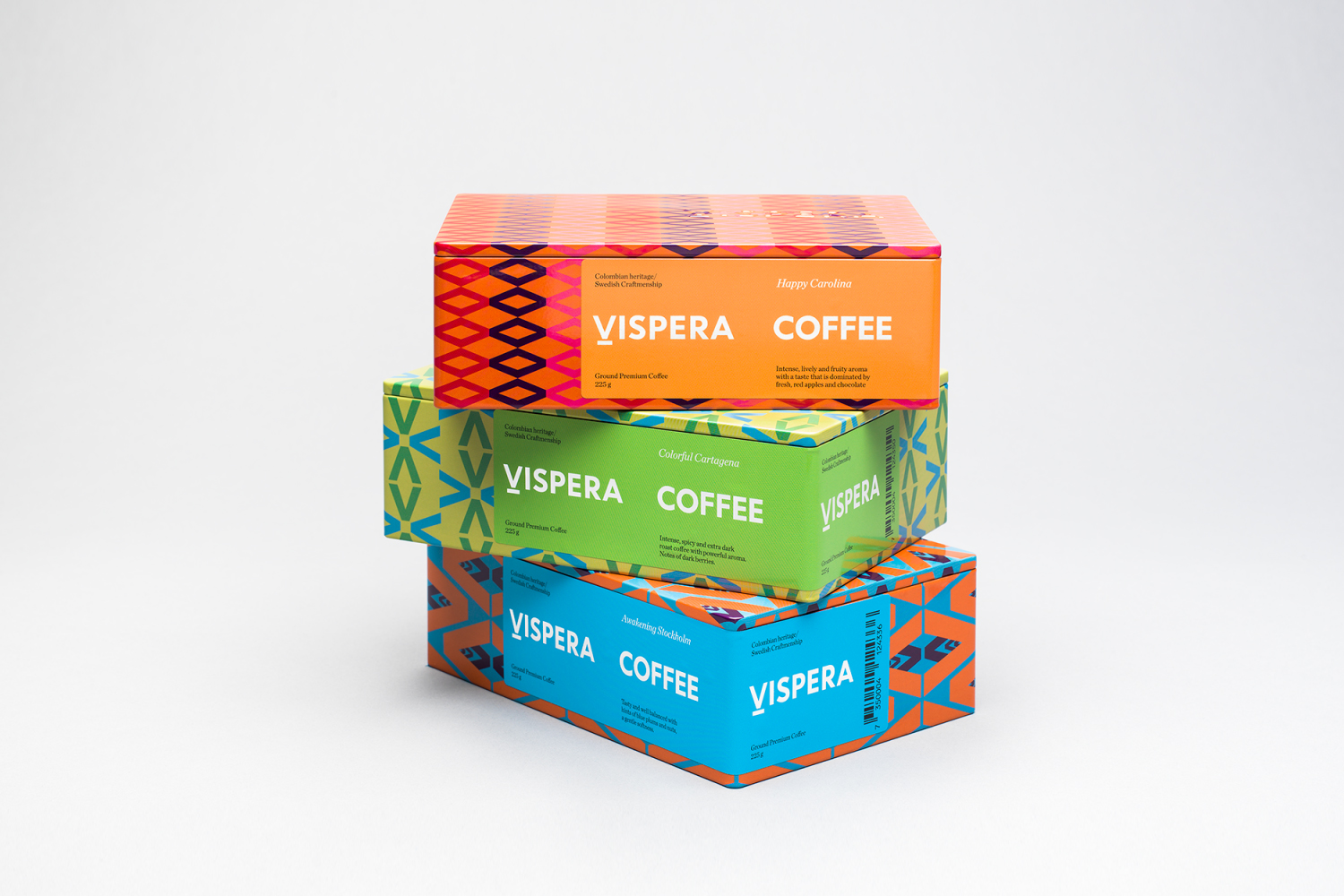 Packaging created by Stockholm Design Lab for Víspera Coffee, a range of 100% Arabica beans sourced from the high altitude plantations of Columbia.