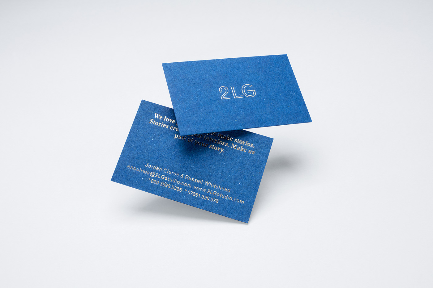 Gold block foiled business cards design by Two Times Elliott for London-based interior design studio 2LG