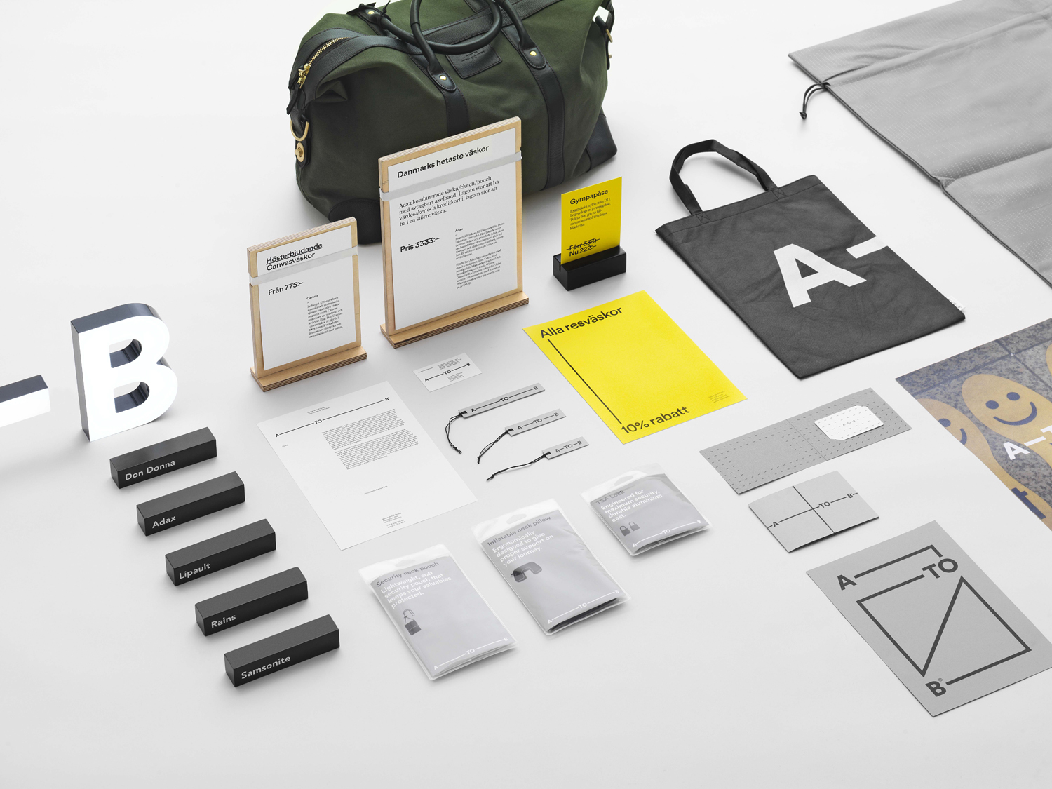 Brand Identity, print and signage for Scandinavian retailer and bag specialist A-TO-B by Stockholm Design Lab