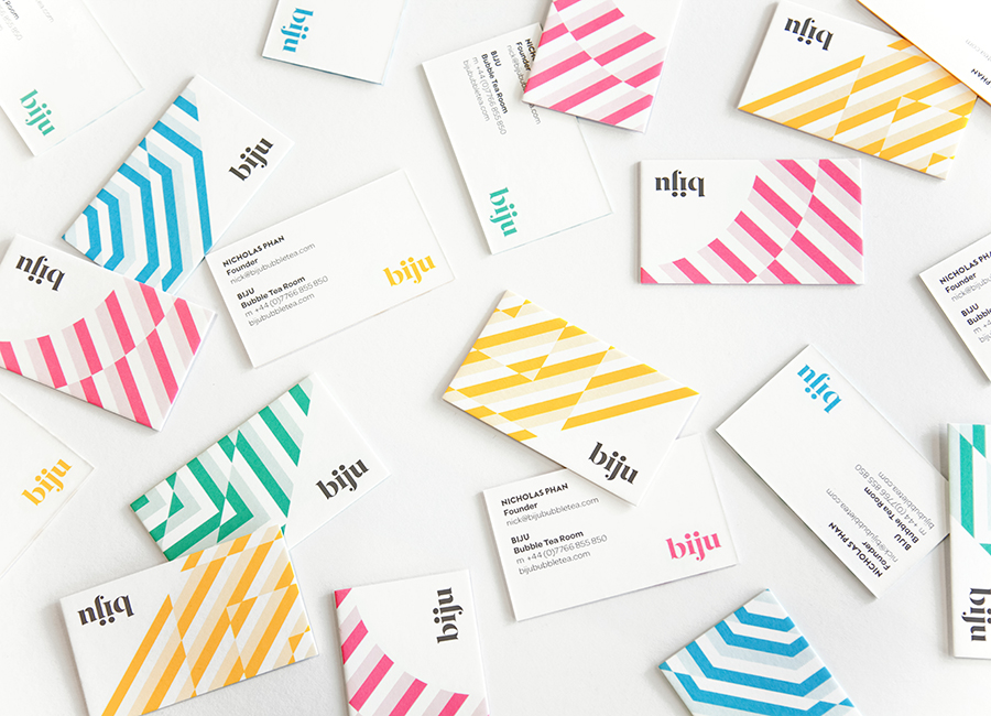 Logo, stationery, packaging and interior direction by ico for British bubble tea brand Biju