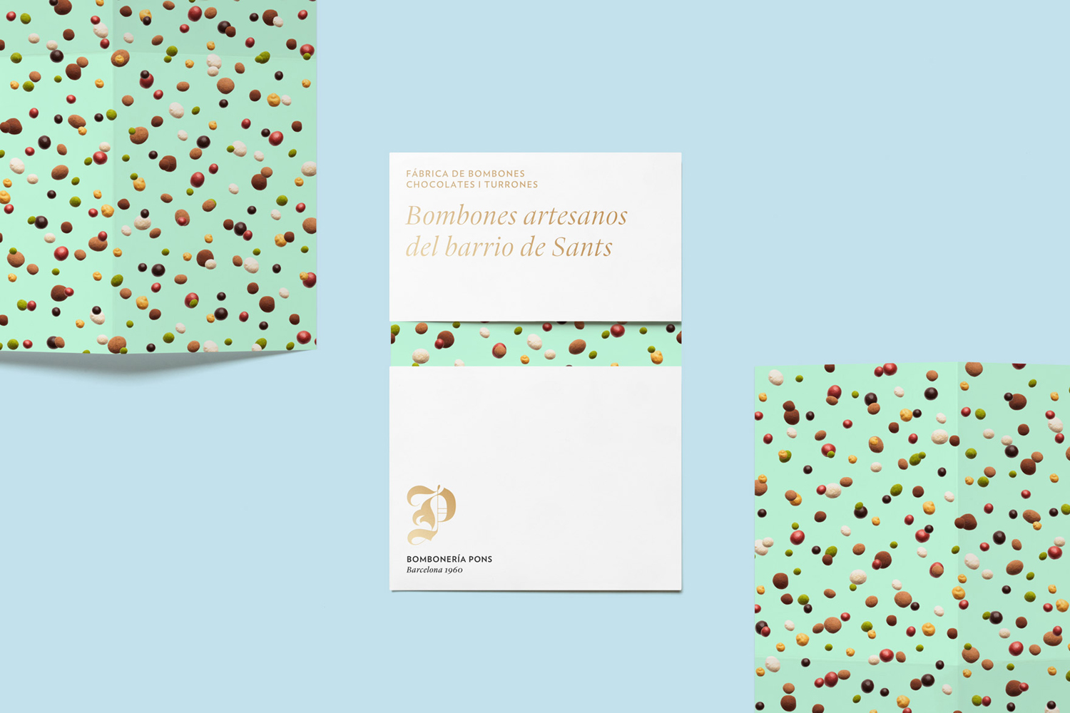 Brand identity and gold foiled print for chocolatier and confectioner Bombonería Pons designed by Mucho