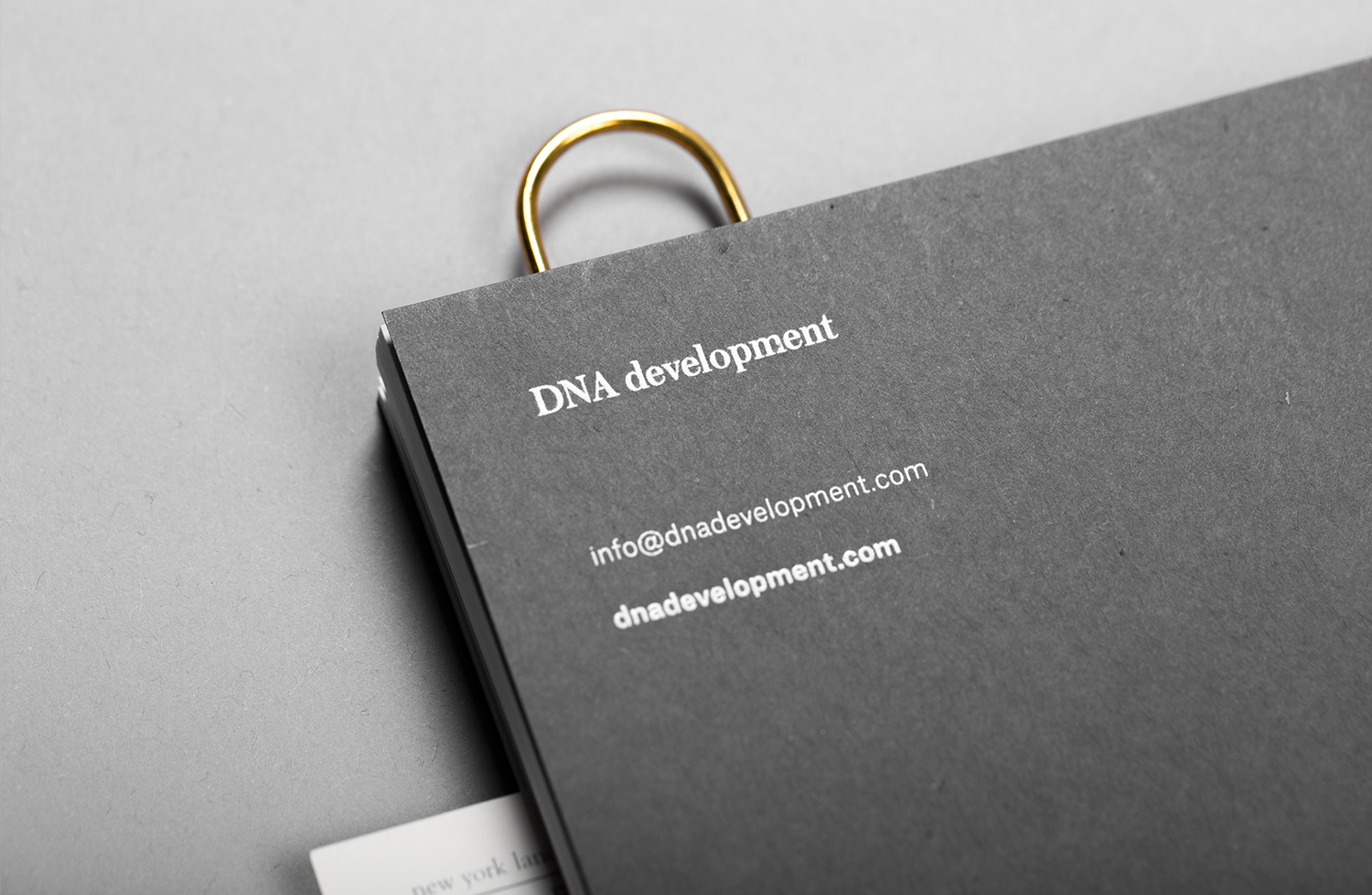 Brand identity, white foiled notebook for real estate investment and development business DNA development by Face
