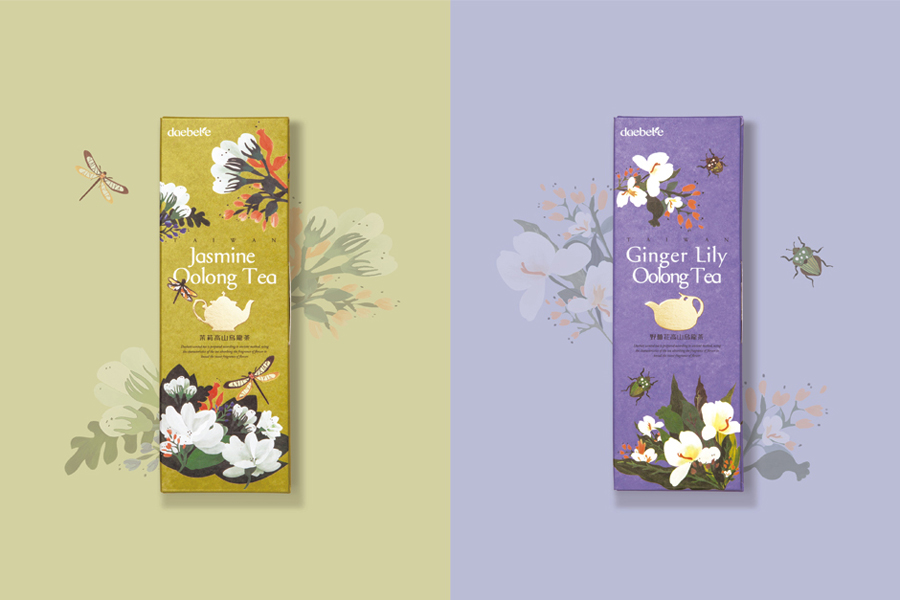 Illustrated packaging with gold foil print finish developed by Victor Design for tea brand Daebeté's new floral Scented Tea range