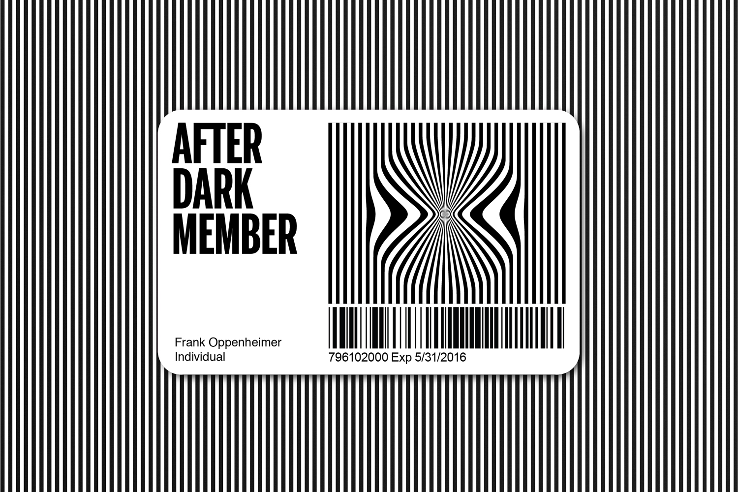 Visual identity and membership card by Collins for Exploratorium's After Dark, a weekly adults-only museum experience of perception