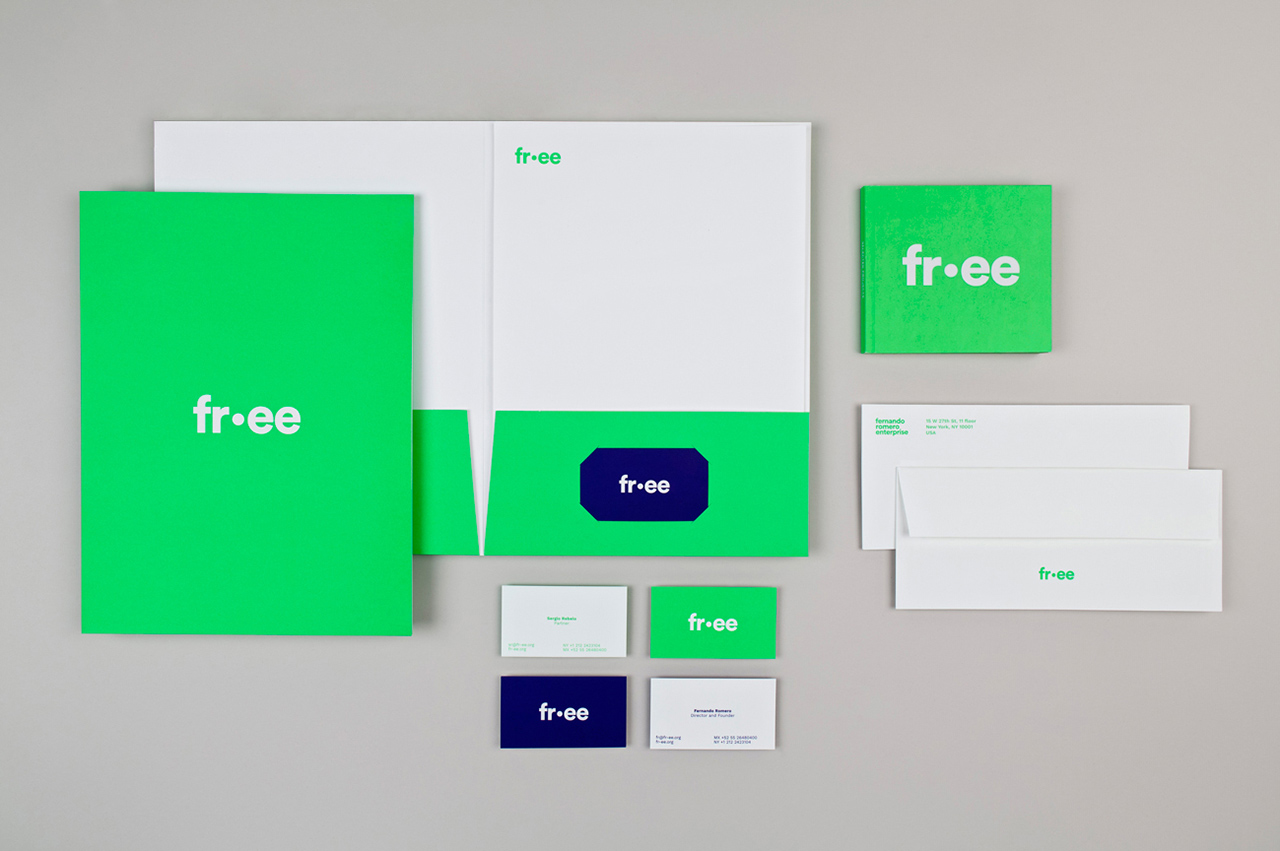 Brand identity and stationery with fluorescent spot colour detail for architectural studio Fr-ee designed by Pentagram Natasha, United States