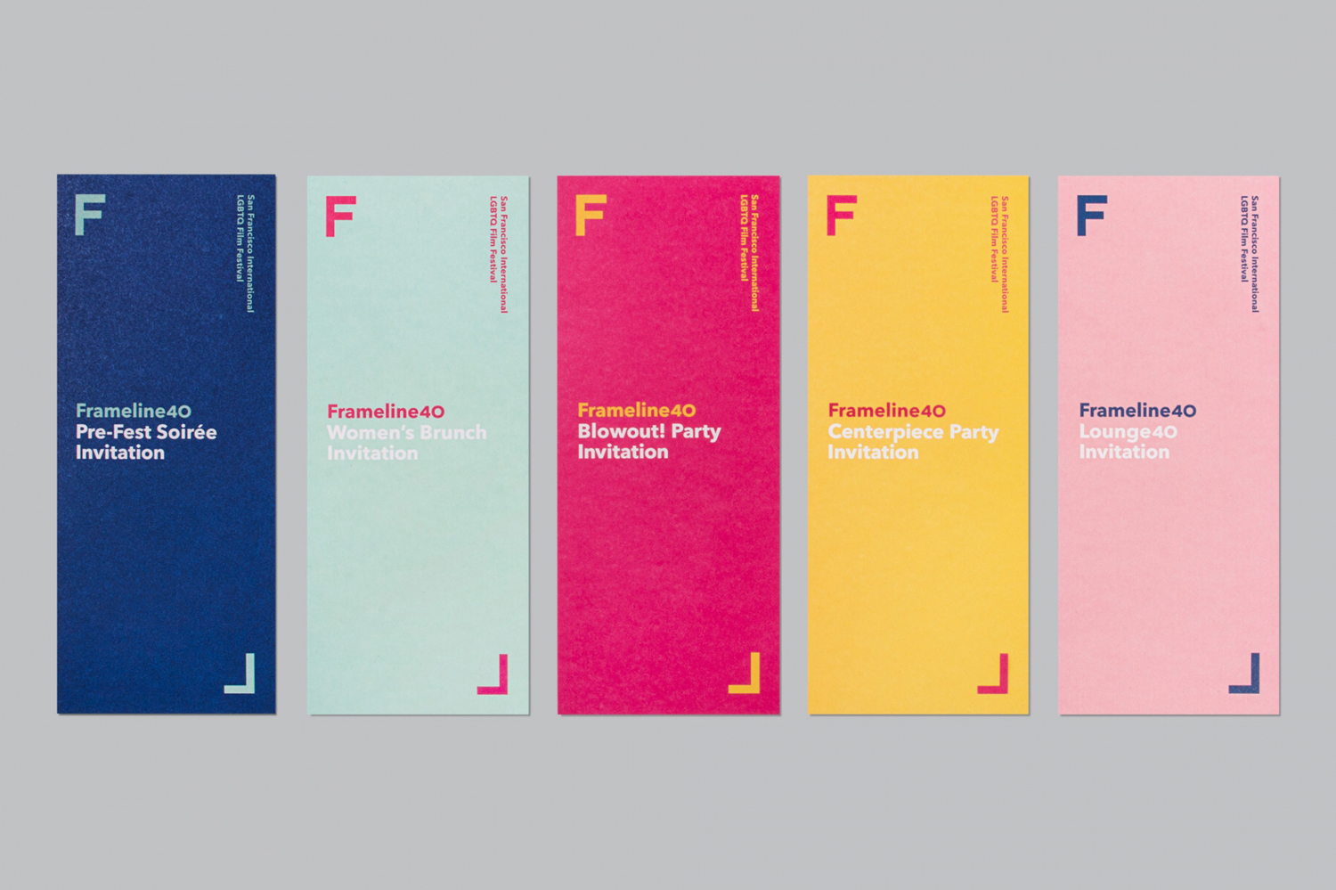 Brand identity and invitations by Mucho for San Francisco based LGBT film festival and nonprofit arts organisation Frameline.