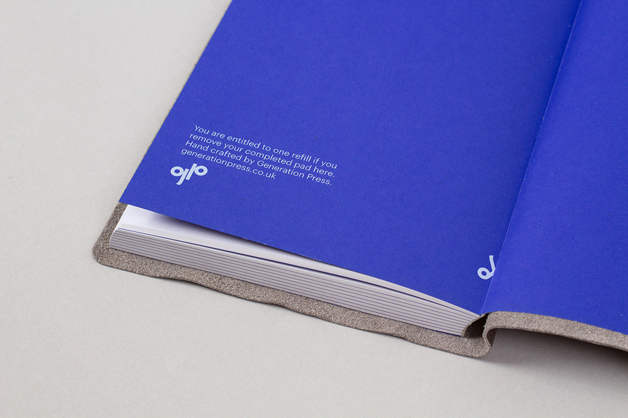 Leather-bound and embossed notebook for Generation Press designed by Build